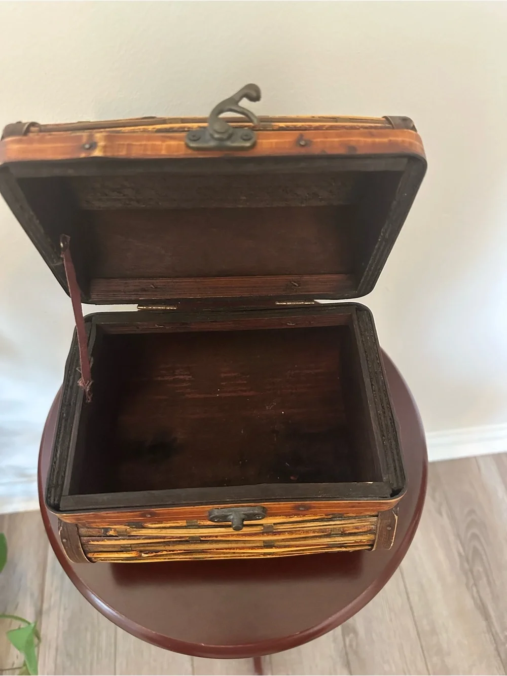 Vintage Handmade Jewelry Chest Bamboo, Wood, Metal. 7”